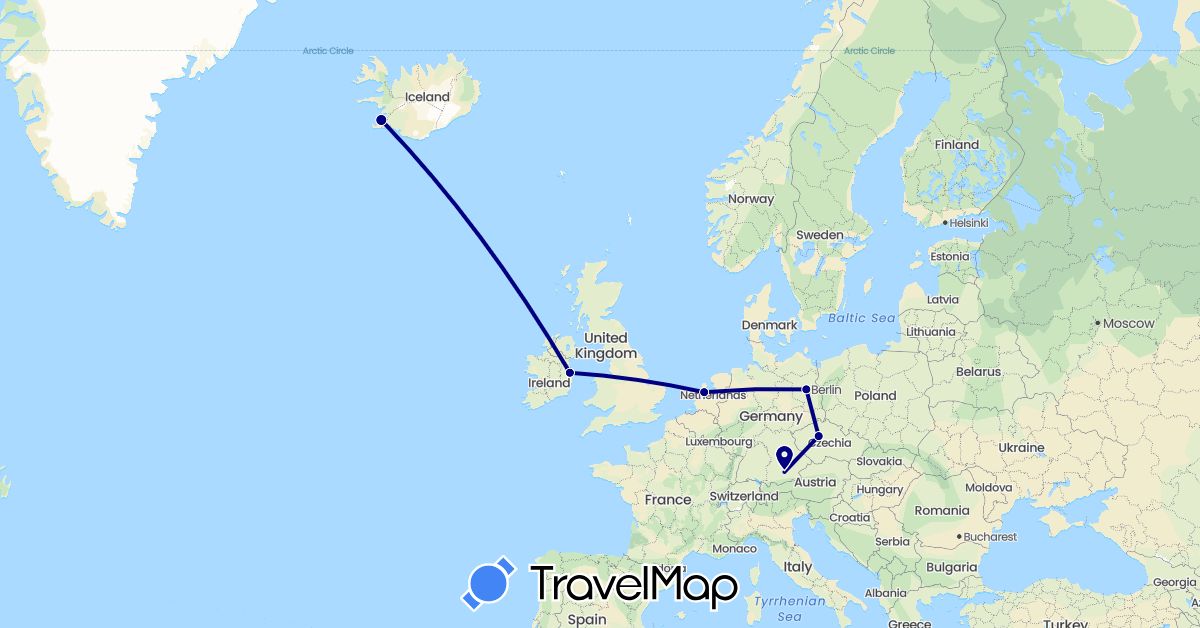 TravelMap itinerary: driving in Czech Republic, Germany, Ireland, Iceland, Netherlands (Europe)
